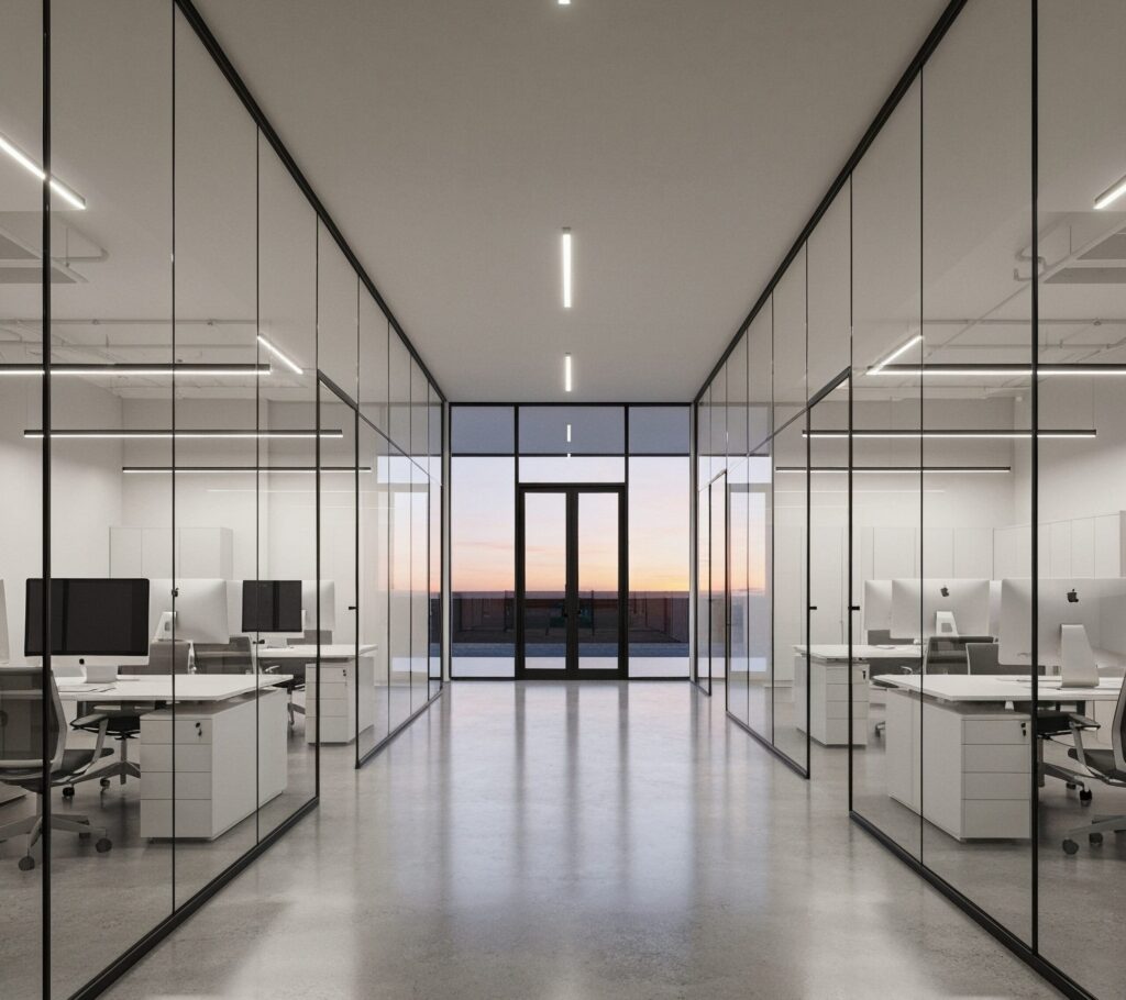 Modern,Office,Hallway,,Sleek,Design,,Contemporary,Furnishings,,Night,Setting,,Ambient Modern commercial office corridor with glass walls evaluated for a broker opinion of value.